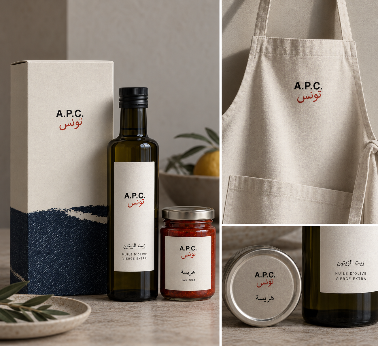 A.P.C. culinary collaboration packaging, olive oil, harissa and apron