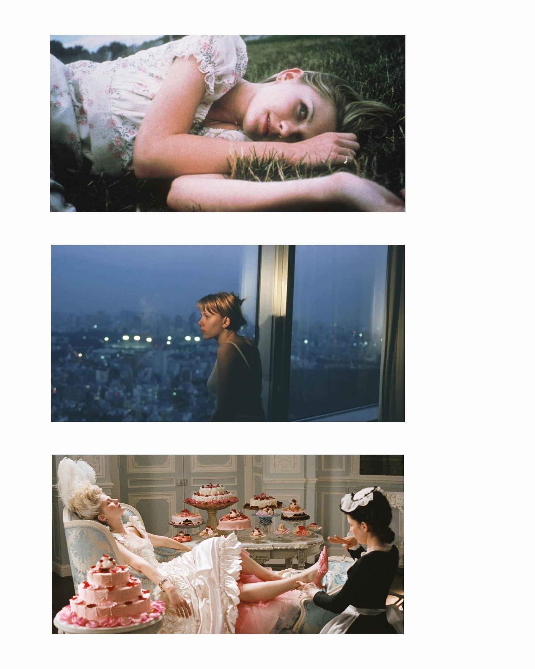 Stills from The Virgin Suicides, Lost in Translation and Marie Antoinette
